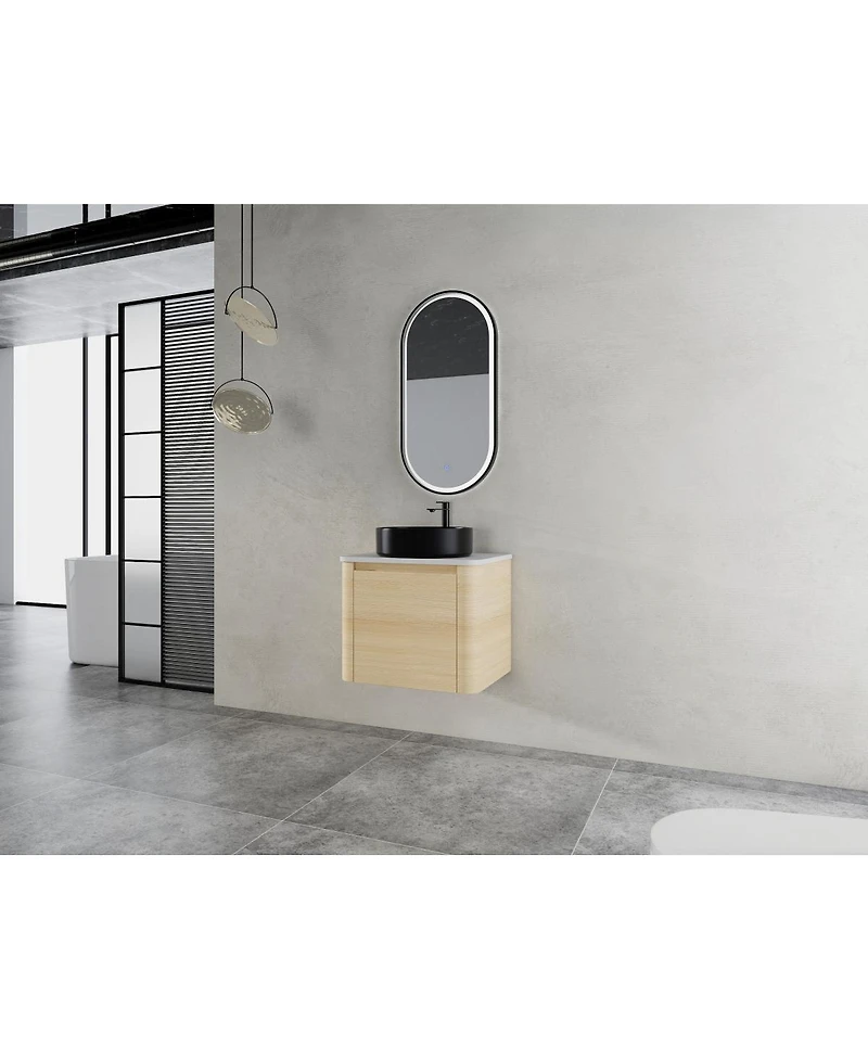 Sillysis 23.6 Inch Wall Mounted Modern Bathroom Vanity with Plywood Cabinet, Stone Countertop, Ceramic Vessel Sink for Small Spaces