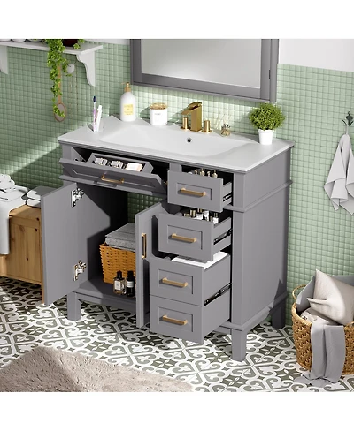 Sillysis 36" Modern Bathroom Vanity with Sink, Freestanding Solid Wood Cabinet, Soft Close Drawers for Home Bathroom