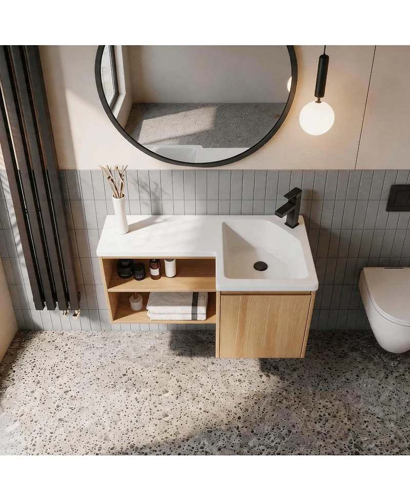 Sillysis 35.5 Inch Corner Floating Bathroom Vanity with Integrated Resin Sink, Plywood Cabinet, Open Storage for Small Bathrooms