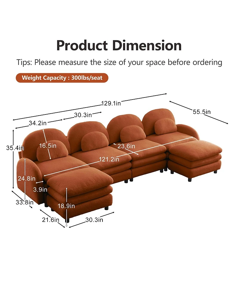 Streamdale Furniture Teddy Fabric 4-Seat Modular Cloud Sofa with 2 Ottomans