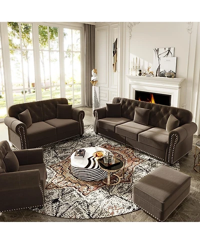 Streamdale Furniture Velvet Chesterfield Sofa with Nailhead Trim Rolled Arms and Ottoman