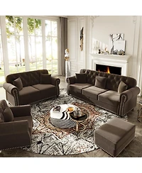 Streamdale Furniture Velvet Chesterfield Sofa with Nailhead Trim Rolled Arms and Ottoman