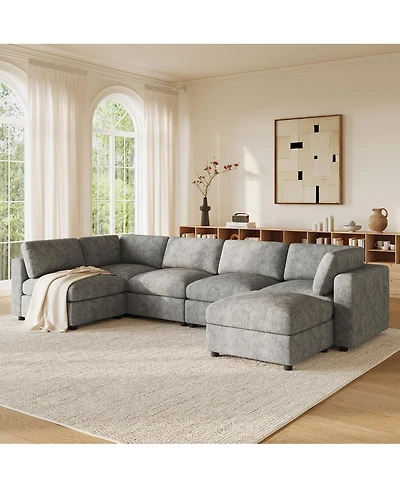Streamdale Furniture Modular U-Shaped Chenille Sectional Sofa with Ottoman and Sleeper Bed