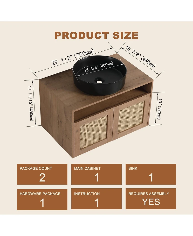 Sillysis 30 Inch Wall Mounted Modern Bathroom Vanity, Vessel Ceramic Sink, Soft Close Door, Ample Storage Cabinet