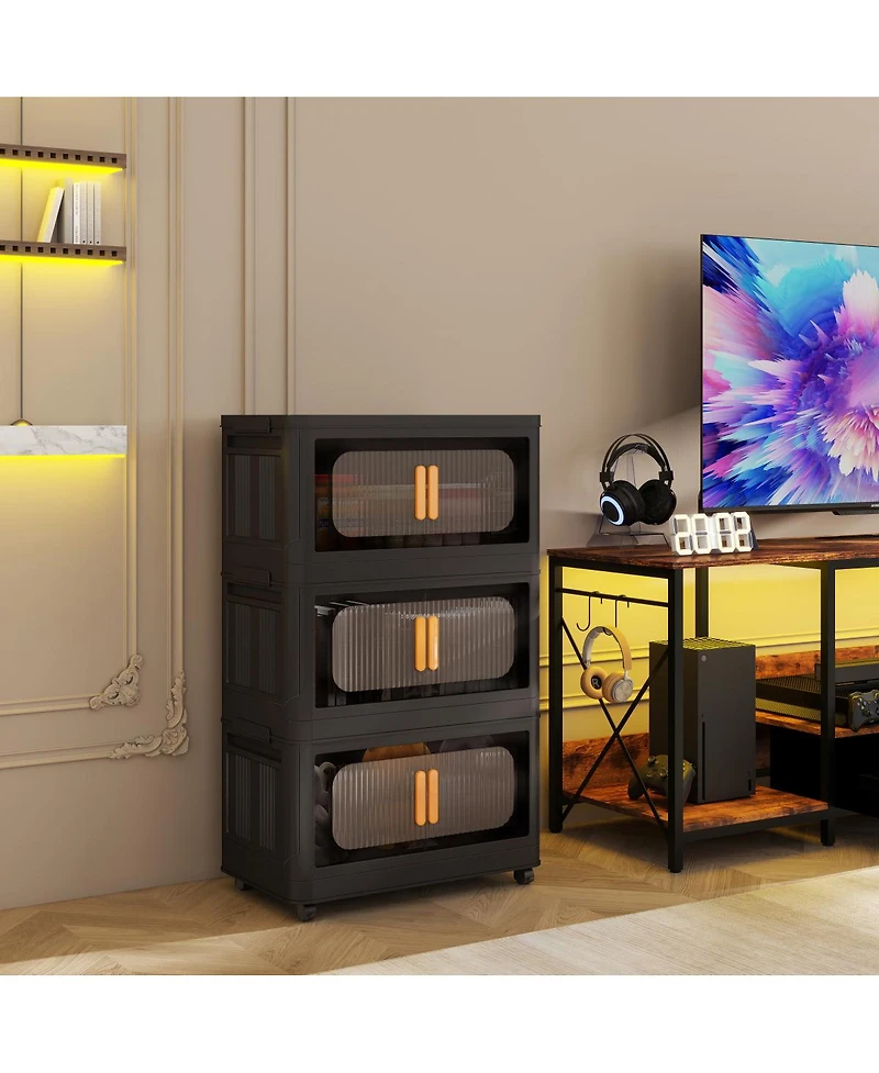 Streamdale Furniture -Tier Foldable Storage Cabinet with Magnetic Doors and Wheels