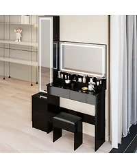 Streamdale Furniture Extra Large Led Vanity Table with Mirror Cabinet Cushioned Stool and Storage