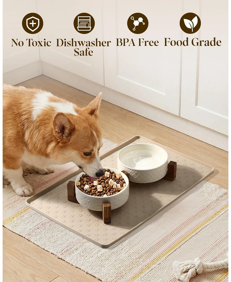 Aronkl Elevated Pet Feeder Set Ceramic Bowls Solid Wood Stand Silicone Mat Non Slip