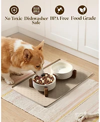Aronkl Elevated Pet Feeder Set Ceramic Bowls Solid Wood Stand Silicone Mat Non Slip