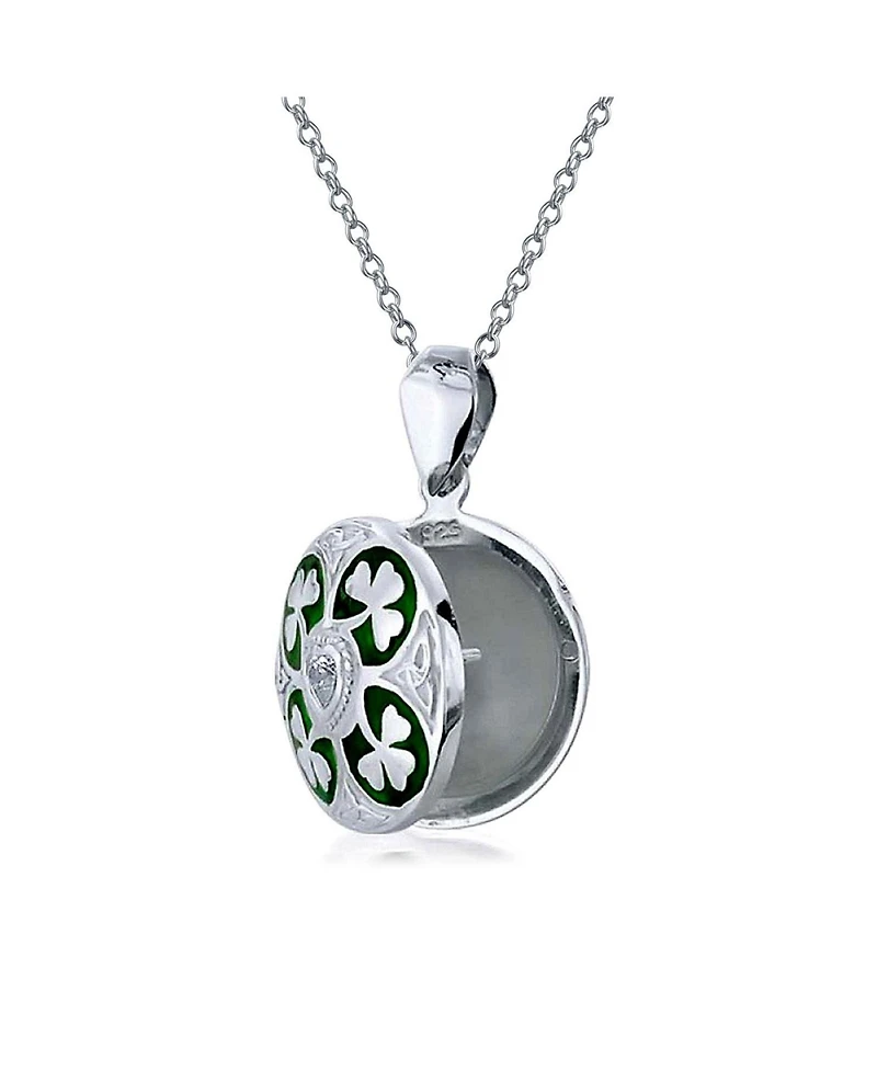 Bling Jewelry Celtic Lucky Clover Keepsake Photo Locket Necklace Round Lucky Enamel .925 Sterling Silver