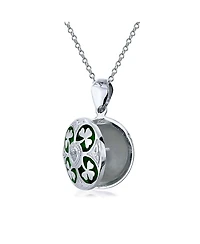 Bling Jewelry Celtic Lucky Clover Keepsake Photo Locket Necklace Round Lucky Enamel .925 Sterling Silver
