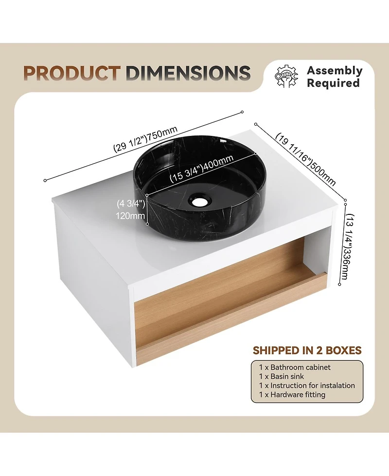 Sillysis Inch Wall Mounted Bathroom Vanity with Marble Vessel Sink, Floating Plywood Cabinet