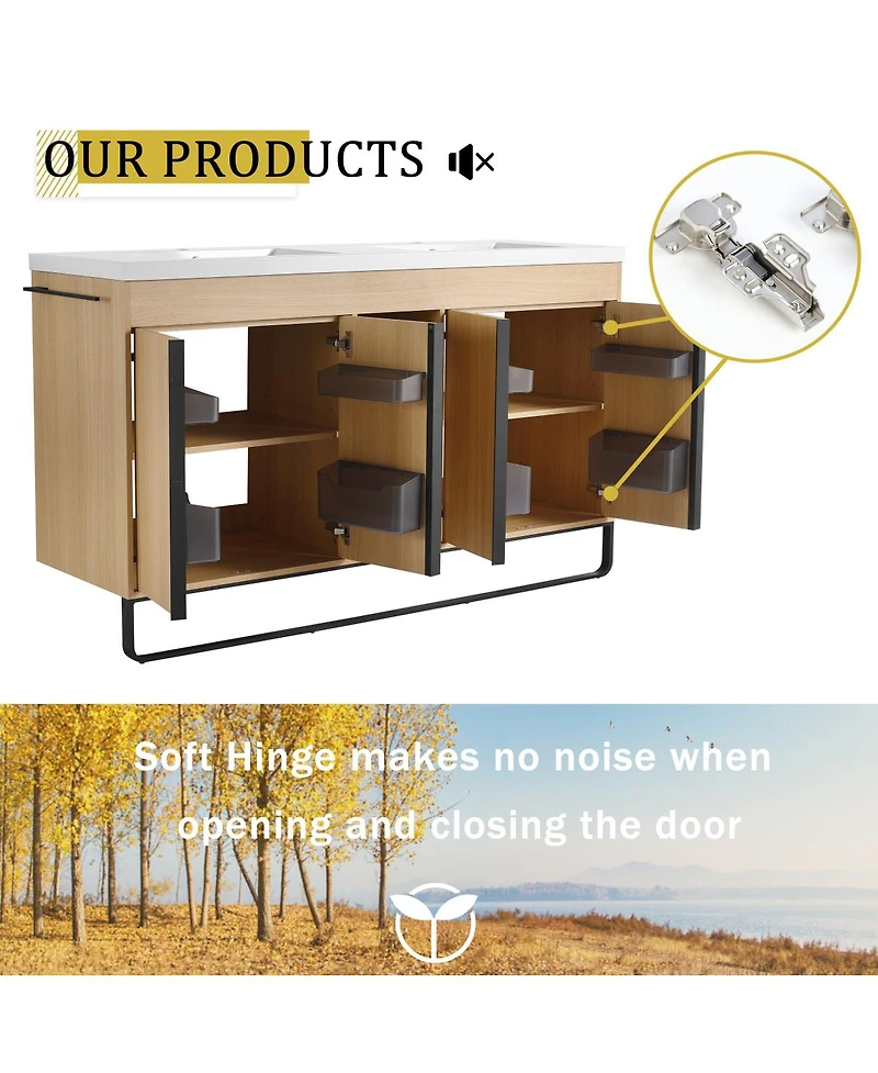 Sillysis 59 Inch Freestanding Double Sink Bathroom Vanity with Soft Close Doors, Open Storage and Towel Bar, Modern Plywood Cabinet