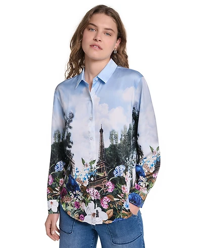 Karl Lagerfeld Paris Petite Long-Sleeve Printed City Scene Blouse