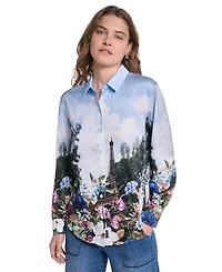 Karl Lagerfeld Paris Petite Long-Sleeve Printed City Scene Blouse