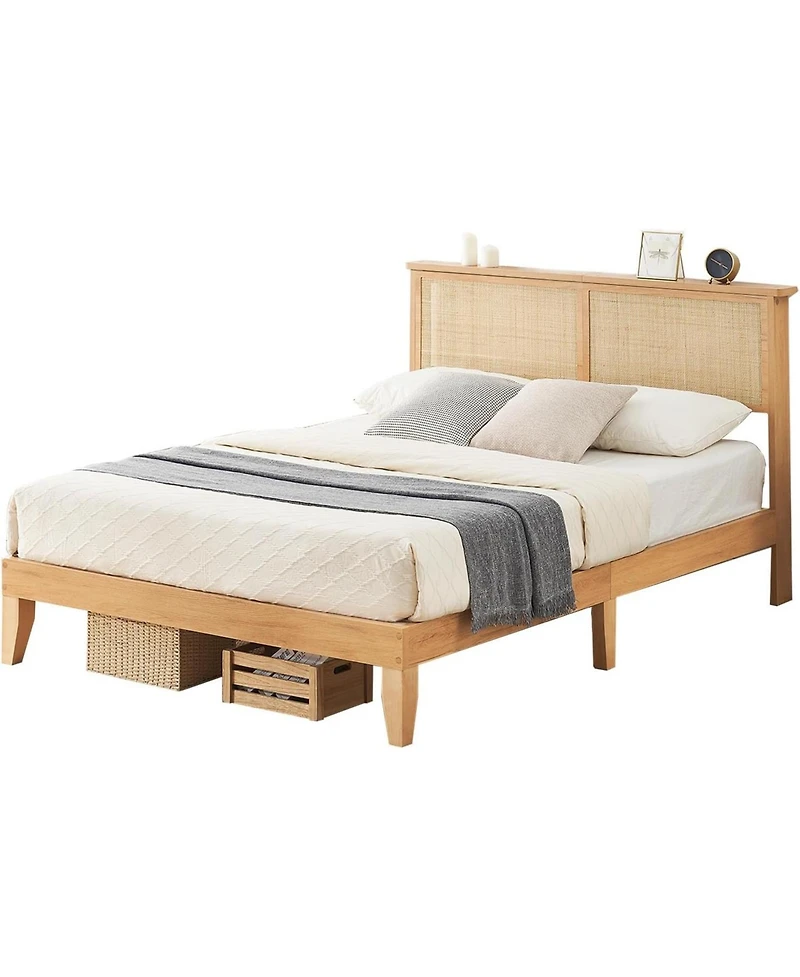 gaomon Twin Size Rattan Platform Bed, Natural Woven Headboard with Led Light, Boho Style Frame, Easy Assembly, No Box Spring