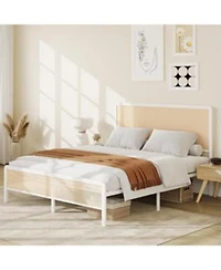 Gaomon Modern Full Metal Bed Frame With Headboard Rattan Steel Slats Storage Space Noise Free