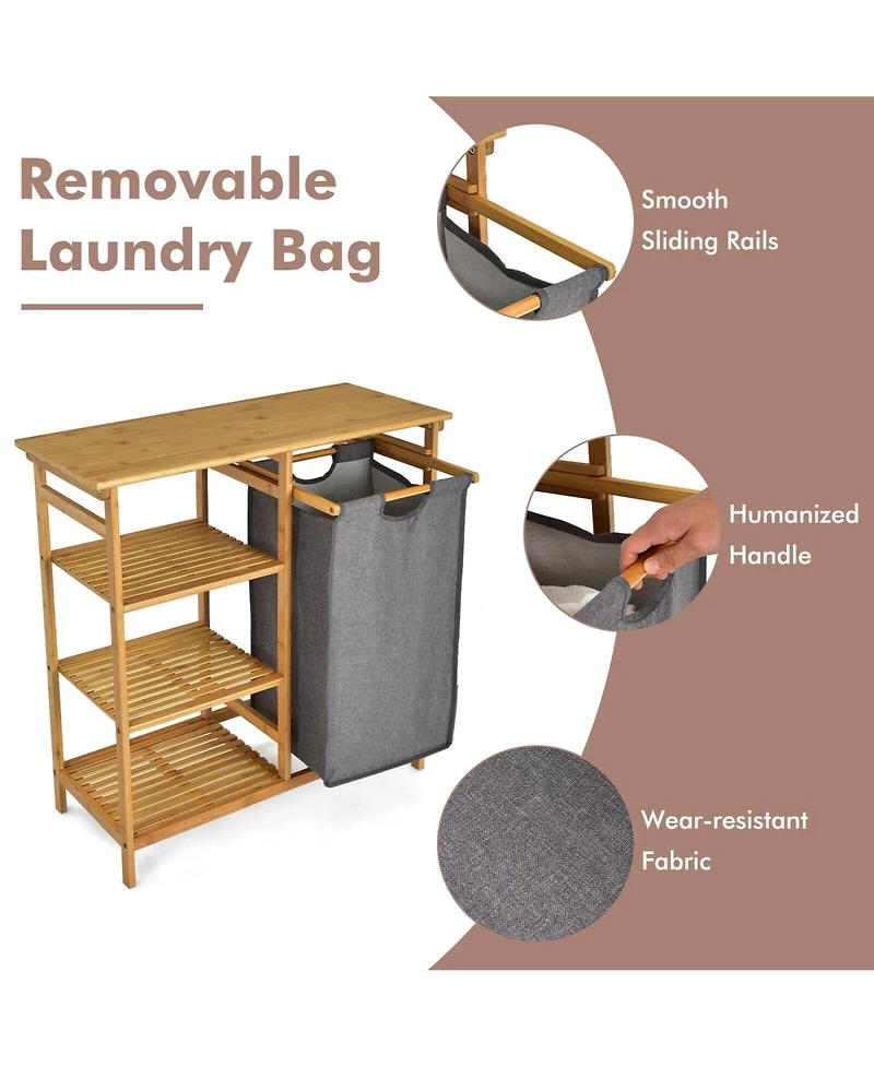 Volenca Bamboo Laundry Hamper Stand with Removable Sliding Bag and 3-Tier Open Shelves