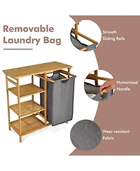 Volenca Bamboo Laundry Hamper Stand with Removable Sliding Bag and 3-Tier Open Shelves