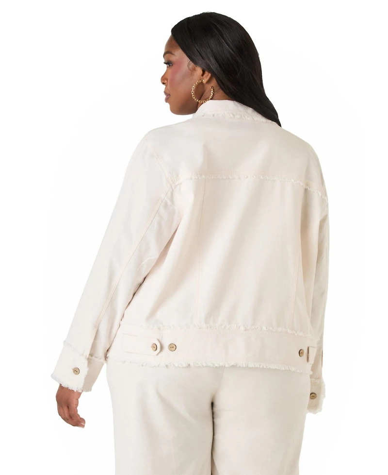 Ashley Stewart Women's Frayed Linen Blend Trucker Jacket