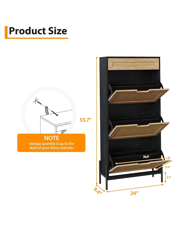 Homfan Rattan Shoe Storage Cabinet with 3 Flip Doors and 1 Drawer, Freestanding Shoe Organizer for Entryway with Adjustable Shelves