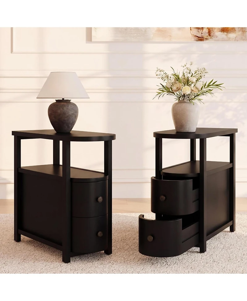Tribesigns Solid Wood End Table with 2 Drawers and Open Shelf Set of 2, No Assembly Required Side Table, Vintage Brown Slim Bedside Nightstand