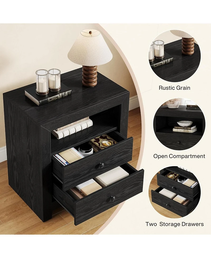 Tribesigns Farmhouse Nightstand with 2 Storage Drawers, Rustic Table Open Shelf, End Side Table,