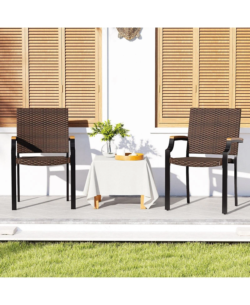 Slickblue Set of 2 Stacking Wicker Patio Dining Chairs with Acacia Armrests
