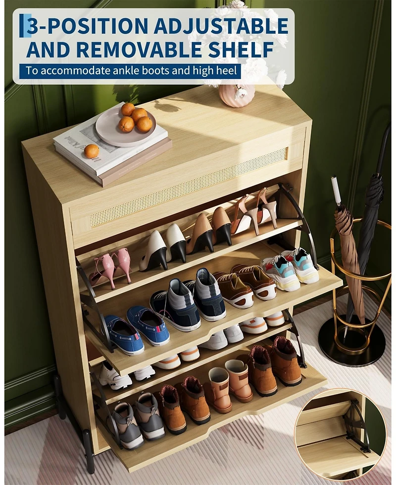 Homfan Wood Rattan Shoe Cabinet with Flip Drawers and Top Drawer, Adjustable Shelves, Slim Entryway Storage for Hallway