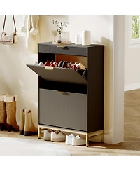 homfan Narrow Shoe Cabinet Storage for Entryway, Modern Fluted Rack Organizer with 2 Flip Drawers and An Open Shelf Hallway, Living Room