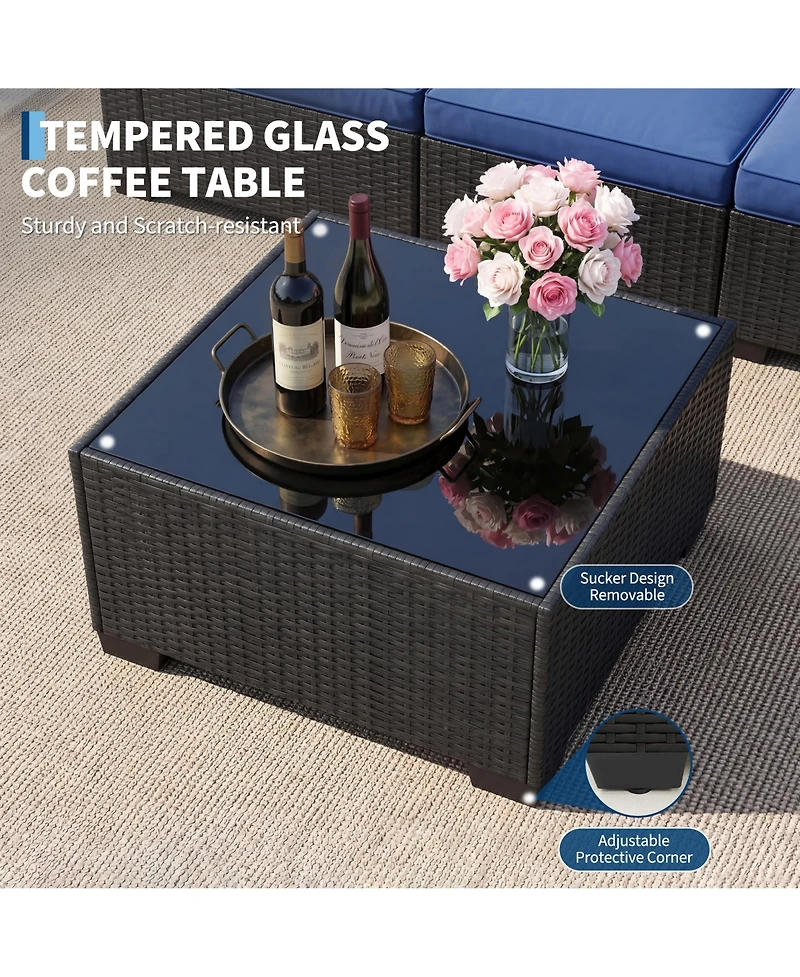 homfan 7-Piece Outdoor Sectional Set with Pe Rattan Wicker, Thick Cushions and Tempered Glass Coffee Table, Modular Patio Seating