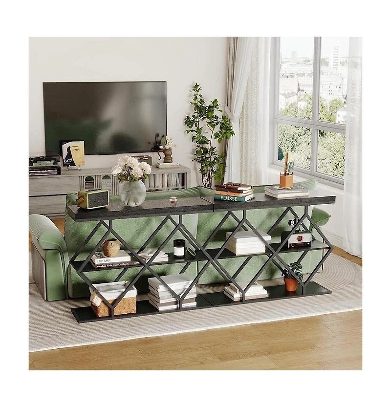 homfan Farmhouse 3-Tier Console Table with Open Shelves, Geometric Metal Legs, Narrow Entryway Design for Hallway, Foyer, or Living Room.