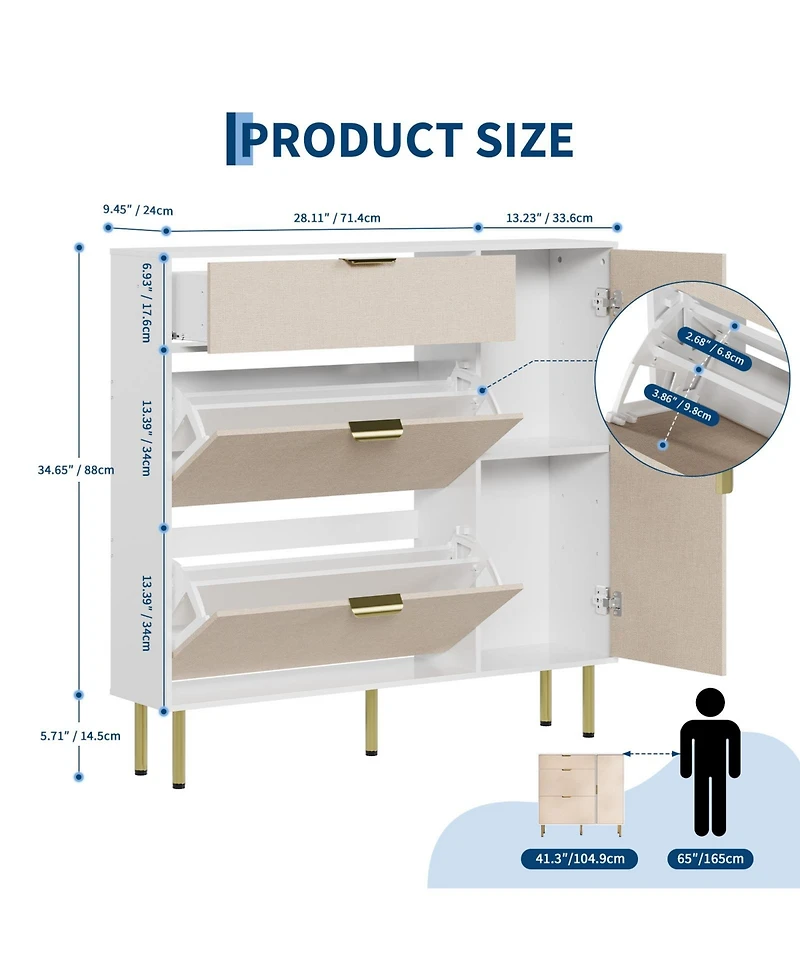 Homfan Shoe Storage 2 Flip Drawers, 1 Drawer, 1 Side Cabinet, Narrow Rack Metal Legs, Farmhouse Storage with Adjustable Shelves for Entryway