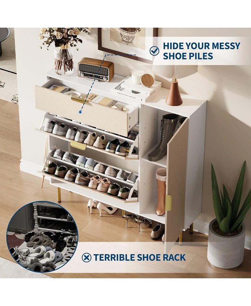 Homfan Shoe Storage 2 Flip Drawers, 1 Drawer, 1 Side Cabinet, Narrow Rack Metal Legs, Farmhouse Storage with Adjustable Shelves for Entryway