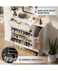 Homfan Shoe Storage 2 Flip Drawers, 1 Drawer, 1 Side Cabinet, Narrow Rack Metal Legs, Farmhouse Storage with Adjustable Shelves for Entryway
