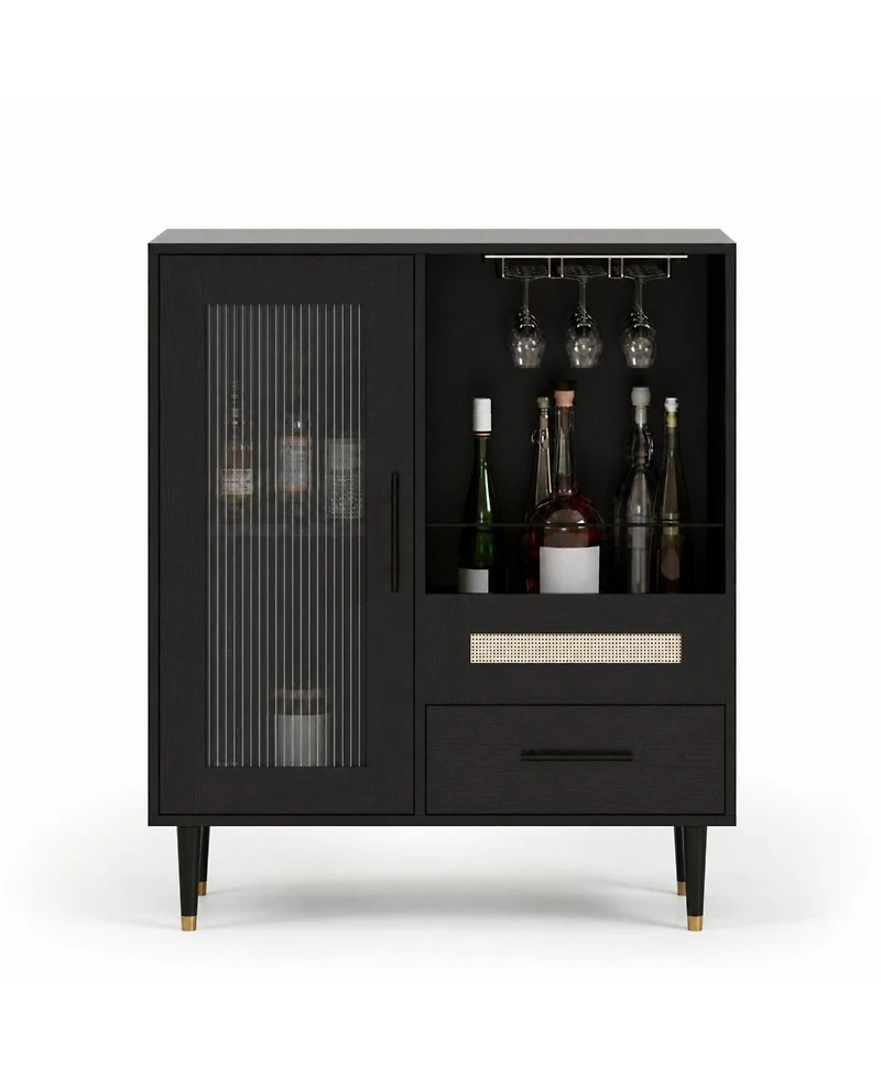 homfan Modern Bar Cabinet - Tempered Glass Door and Drawers, Storage Sideboard for Wine and Coffee in Kitchen or Living Room