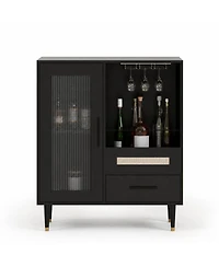 homfan Modern Bar Cabinet - Tempered Glass Door and Drawers, Storage Sideboard for Wine and Coffee in Kitchen or Living Room