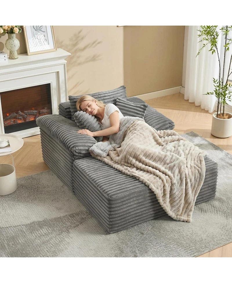 homfan 64.9inch Oversized Corduroy Chaise Lounge Sofa Bed, No-Assembly Sleeper with Pillows, 300LB Limit