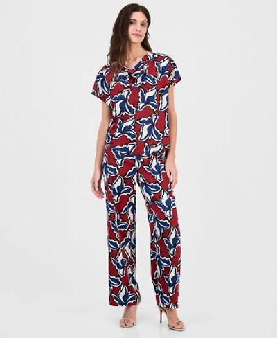 Anne Klein Womens Printed Cowl Neck Short Sleeve Top Printed Pull On Wide Leg Pants