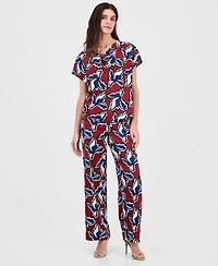 Anne Klein Womens Printed Cowl Neck Short Sleeve Top Printed Pull On Wide Leg Pants