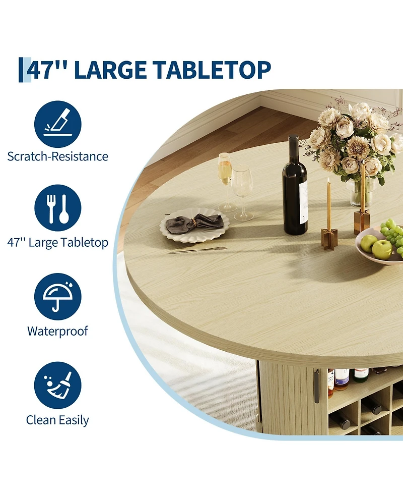 homfan 47-Inch Round Dining Table for 4-6 with Hidden Storage and Wine Rack - Modern Wood Kitchen Table