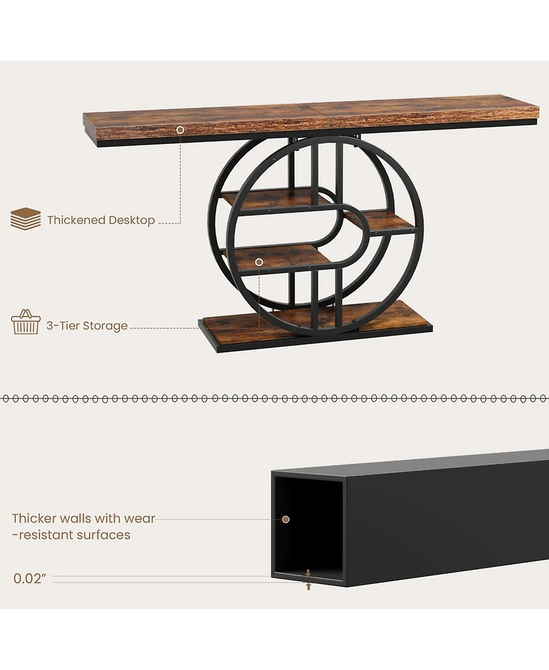homfan 55 In Entryway Console Table with Storage Shelves, Narrow Industrial Sofa Table with O-Shaped Metal Frame