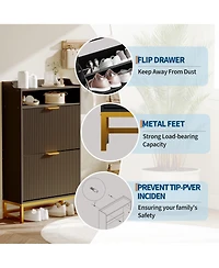 Shoe Storage Cabinet for Entryway with 2 Flip Drawers, 31.5 Fluted Slim Adjustable Shelf