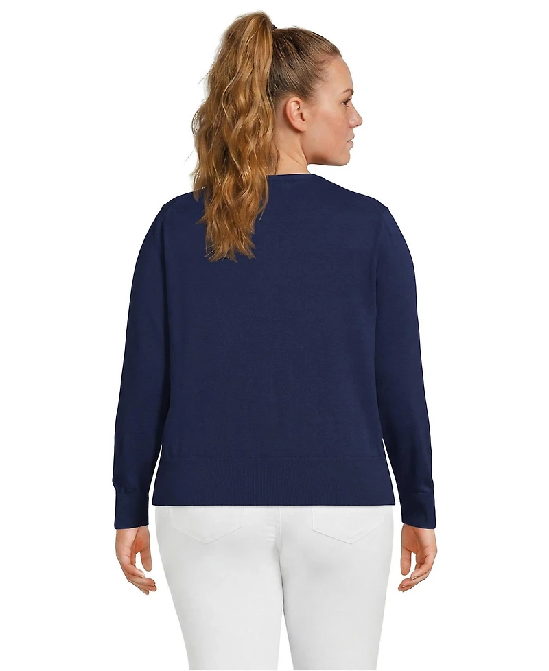 Lands' End Plus Fine Gauge Cotton Crew Cardigan Sweater