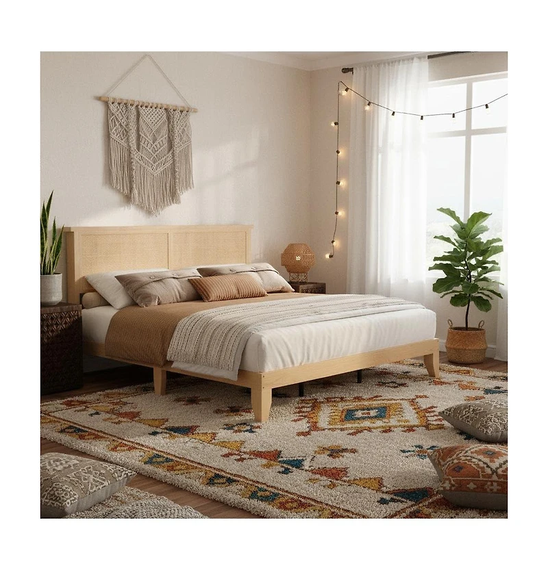 gaomon Queen Rattan Platform Bed with Led Headboard And Wood Legs