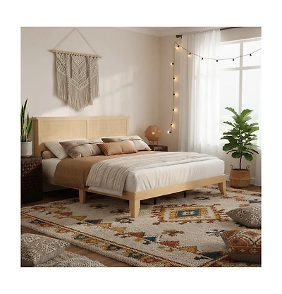 gaomon Queen Rattan Platform Bed with Led Headboard And Wood Legs