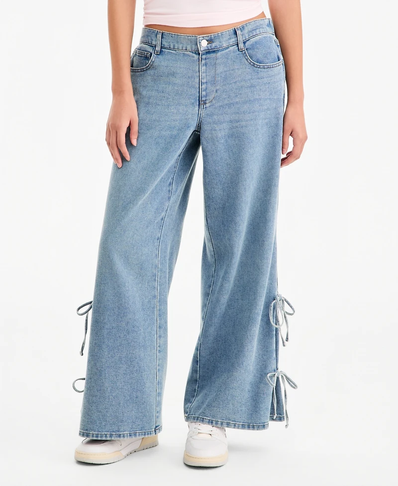 Vanilla Star Juniors' Wide-Leg Elastic Back Side Tie Jeans