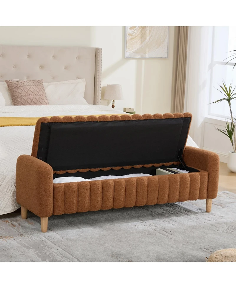 Rainsken 63.4"W Modern Upholstered End of Bed Bench, with Flip-Top Storag, Entryway Benches, Armrests and Solid Wood Legs, for Bedroom