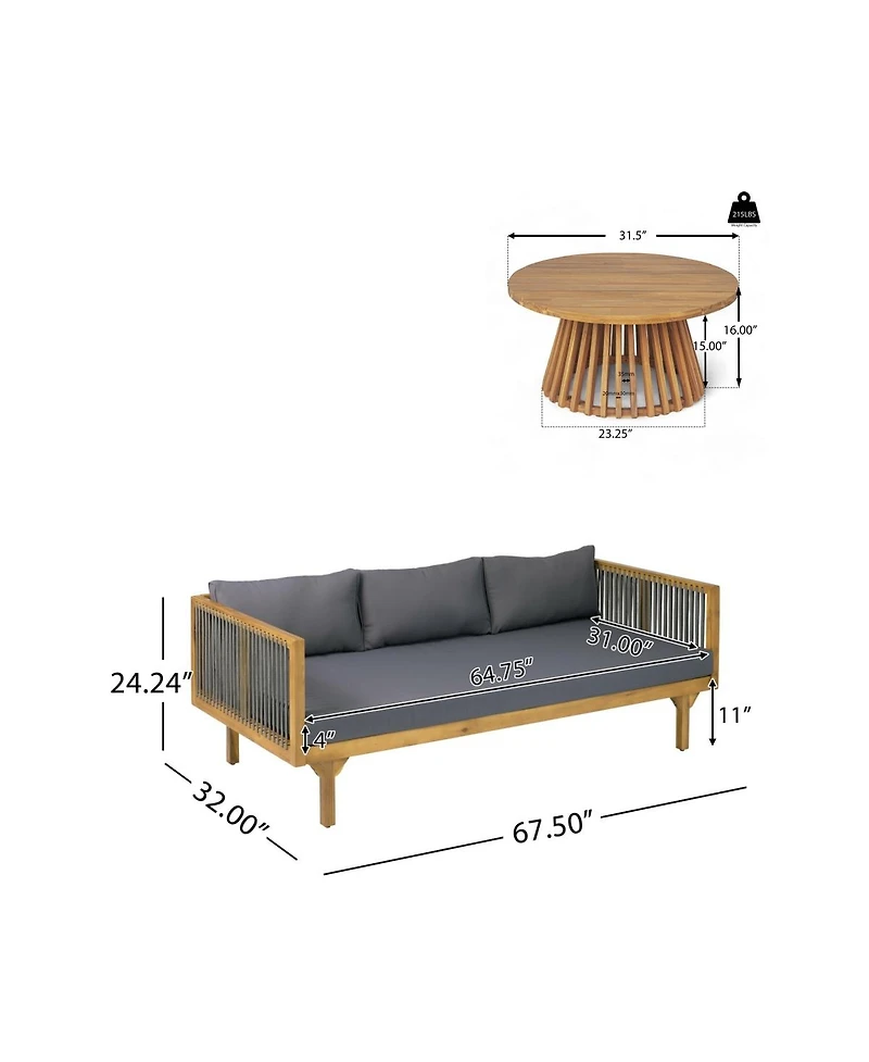 Asagikoiai 2-Piece Outdoor Acacia Wood Sofa Set with Rope Back and Round Coffee Table