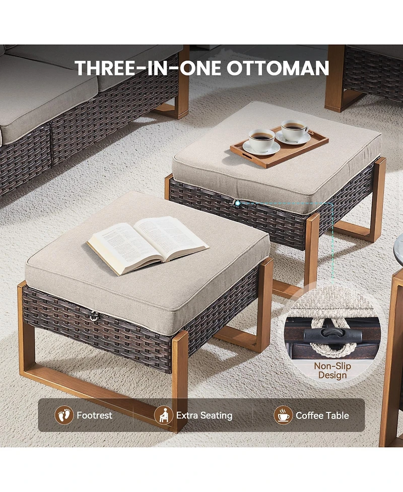 Pocassy Patio Wicker Ottomans Set of 2, Outdoor for Patio, Additional Seating, Footrest, Side Table, Removable Cushions