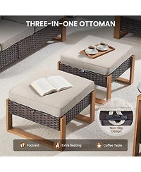 Pocassy Patio Wicker Ottomans Set of 2, Outdoor for Patio, Additional Seating, Footrest, Side Table, Removable Cushions